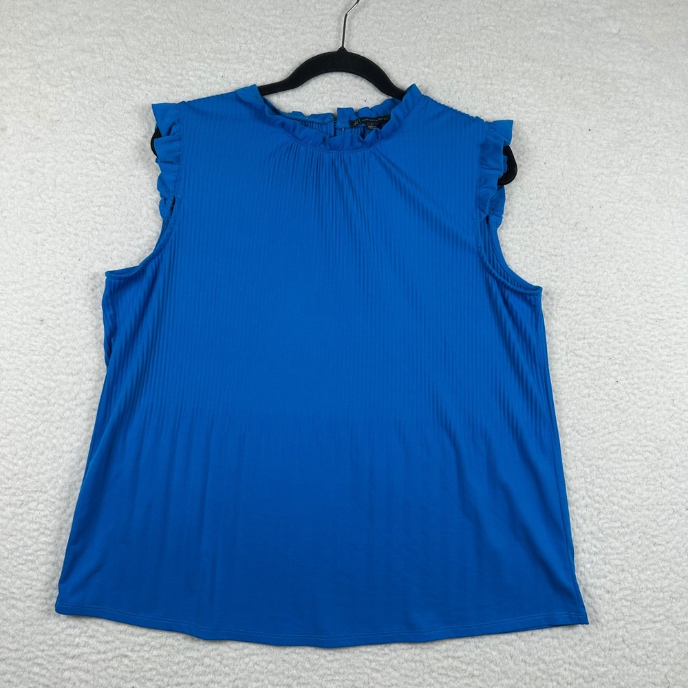 Adrianna Papell Blouse Womens Ruffle Neck Ribbed Sleeveless L Blue Office Career